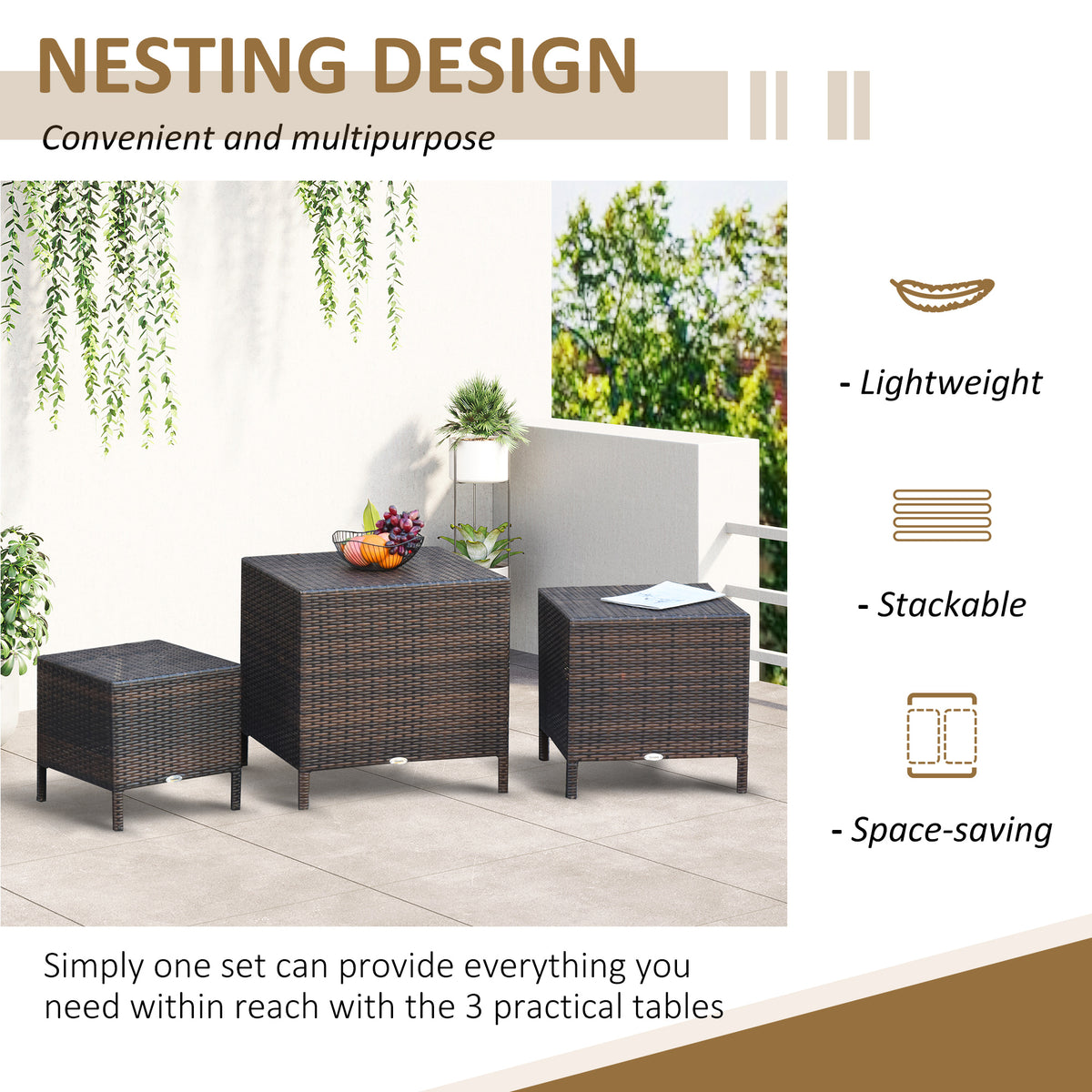 Set of 3 Wicker Nesting Tables Patio Rattan Snack End Side Tables Hand Woven All Weather Garden Outdoor Home Furniture