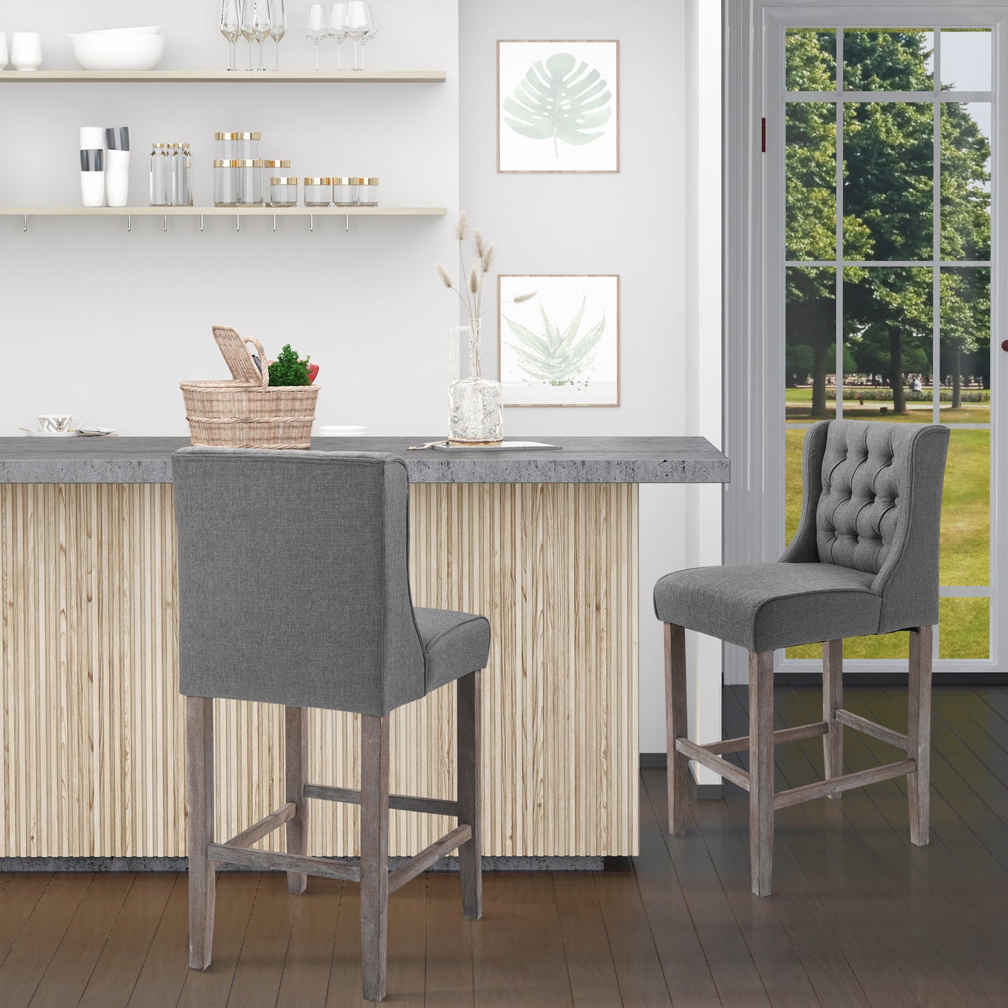 HOMCOM Grey Linen Counter Bar Stools, Set of 2, Solid Wood Legs