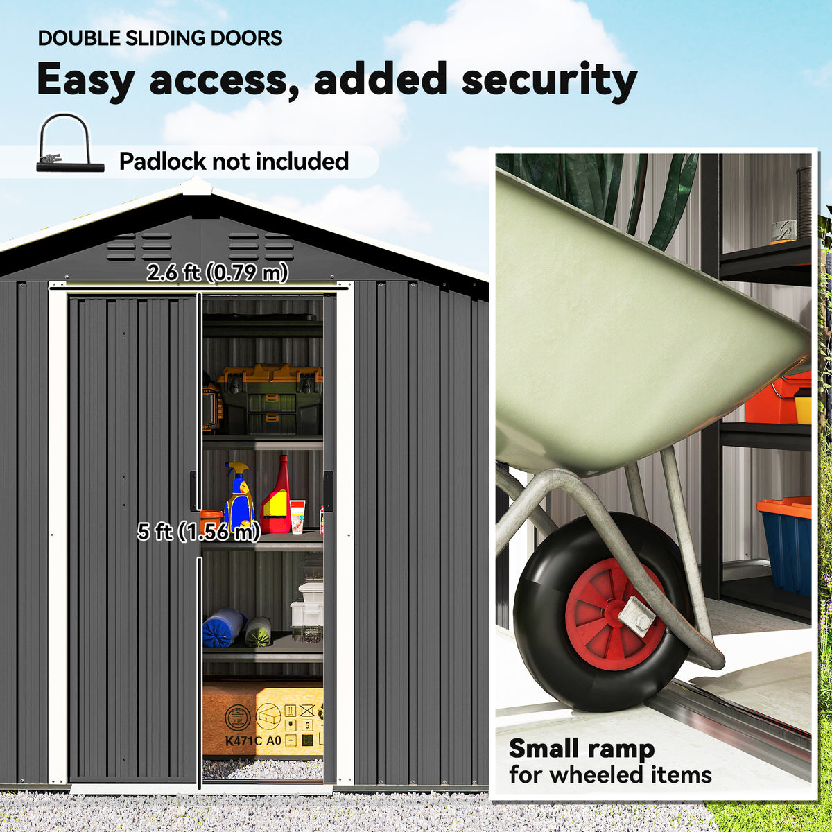 6.5x3.5ft Metal Garden Storage Shed for Outdoor Tool Storage with Double Sliding Doors and Vents – Dark Grey