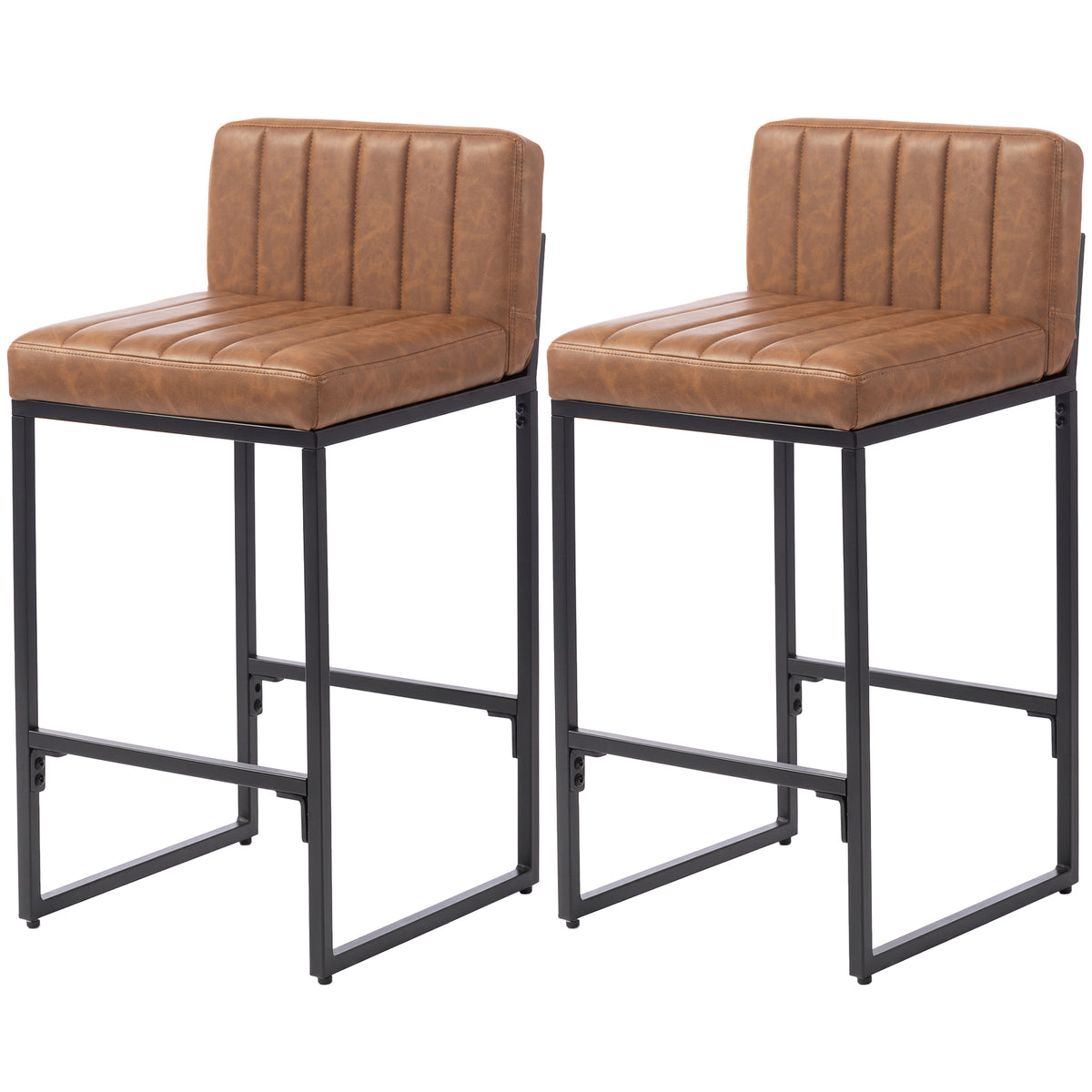Retro Padded PU Leather Counter Stools with Back and Metal Legs, Set of 2, Brown