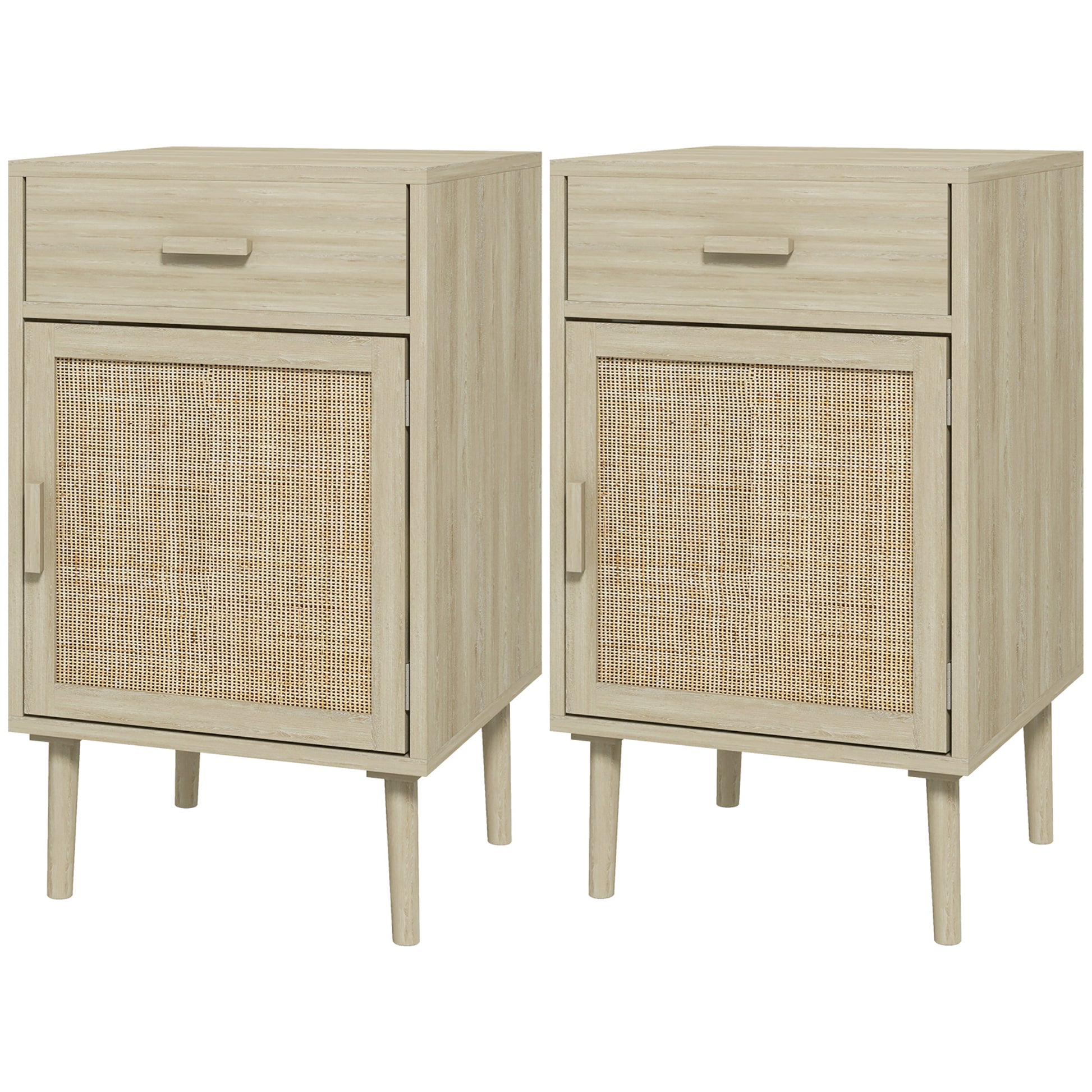 Boho Rattan Bedside Tables Set of 2 with Drawer, Adjustable Shelf, Oak Finish
