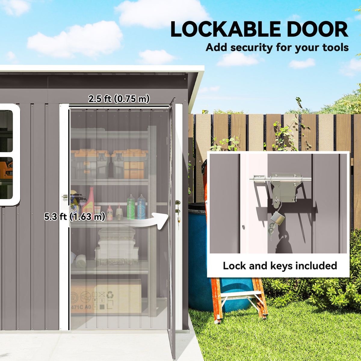 7' x 4' Galvanised Steel Outdoor Storage Shed, Garden Shed with Window, Lockable Wide Door and Air Vents – 87" W x 52.4" D x 68.1" /74.8" H
