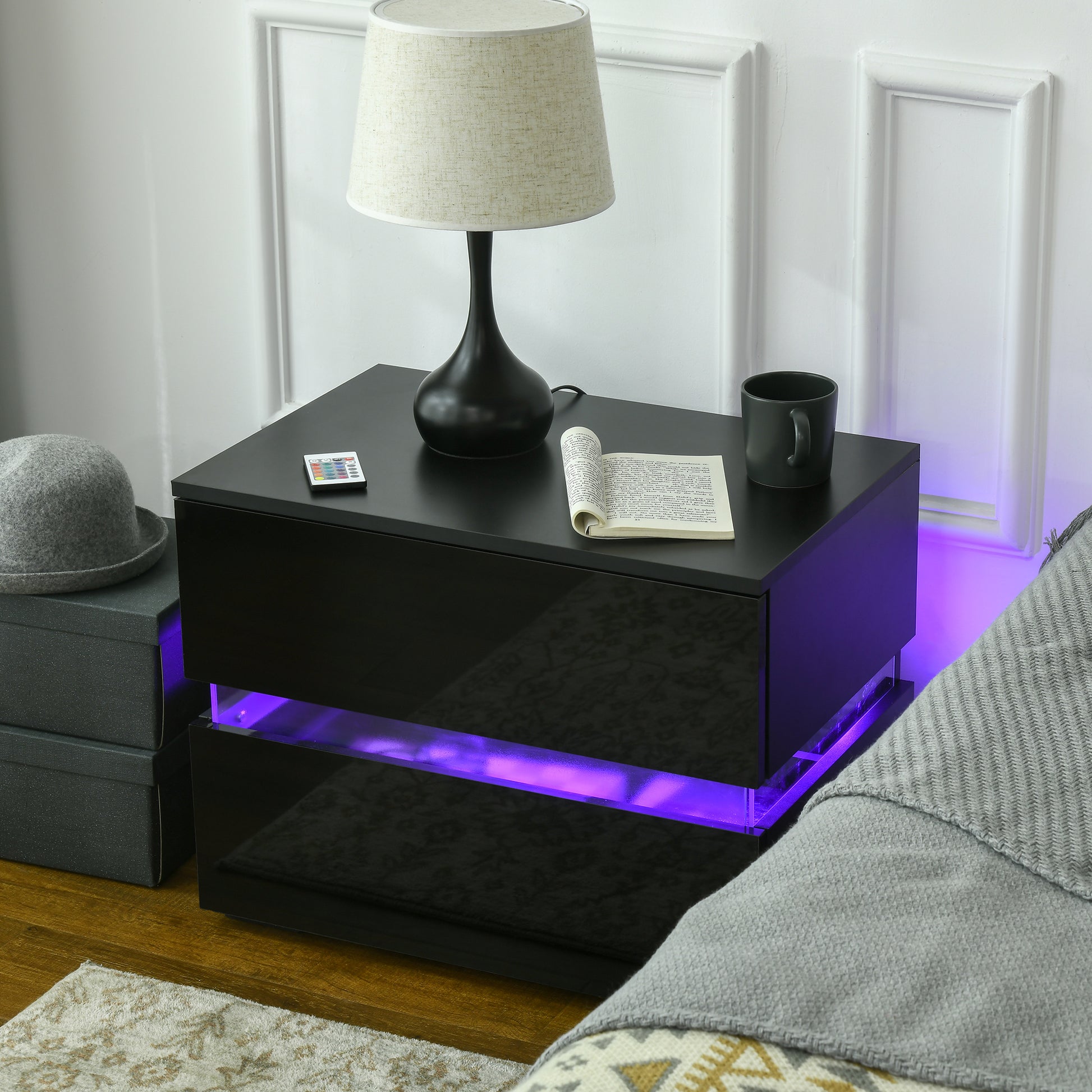 Modern Black Nightstand, 2 Gloss Drawers, USB RGB LED Remote Lights