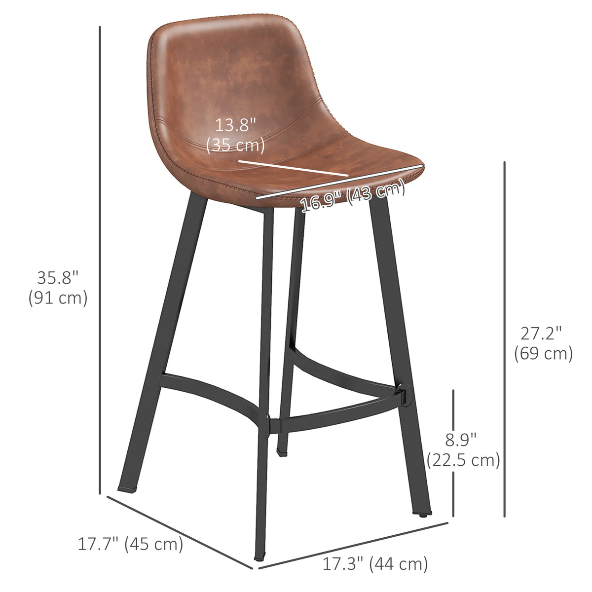 PU Leather Counter Stools with Curved Back and Steel Legs, Set of 2, Brown