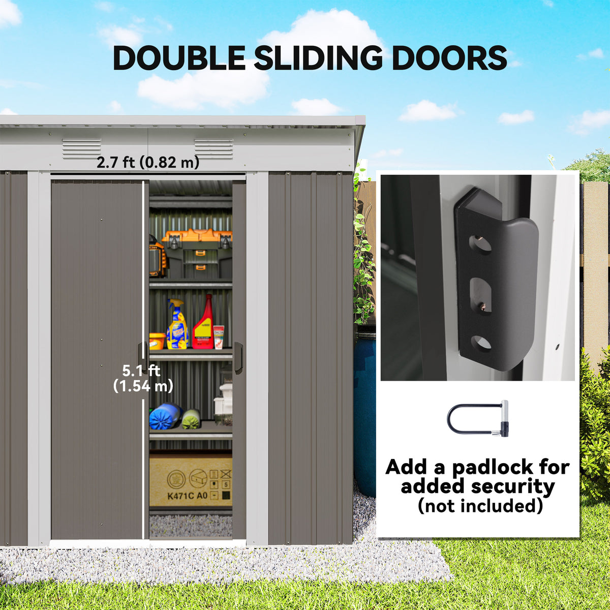6' x 4' Outdoor Storage Shed, Metal Garden Shed with Lockable Sliding Doors and Vents – Light Grey