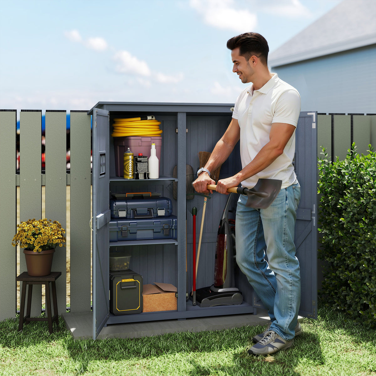 4' x 1.5' Wooden Garden Storage Shed, Outdoor Tool Cabinet Organizer with Windows and Double Door – Dark Grey