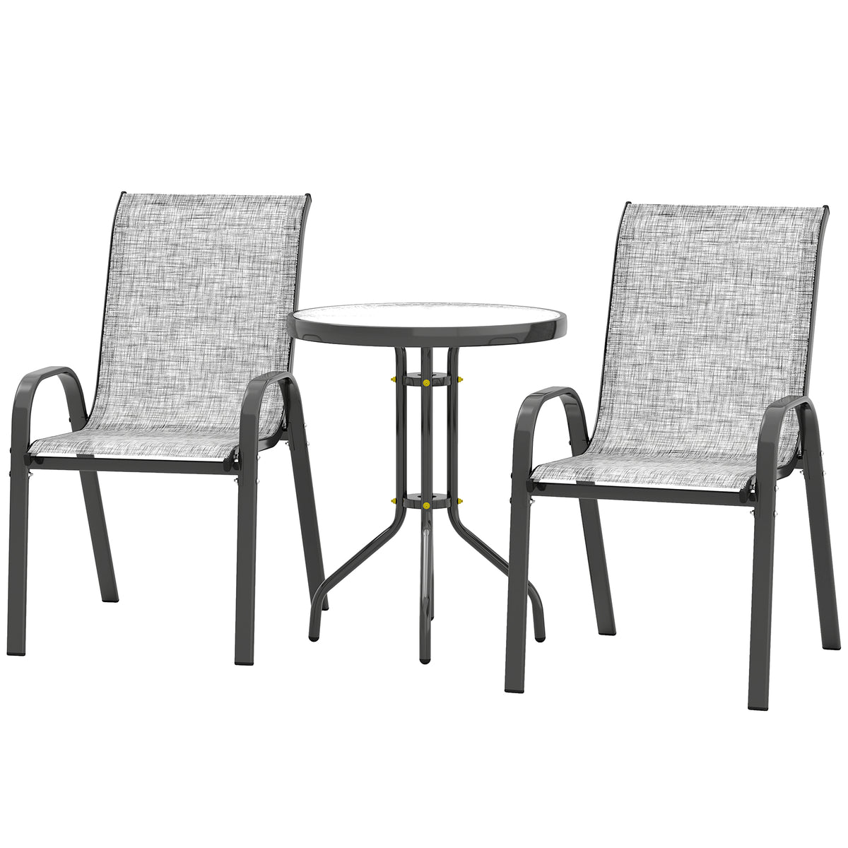 3 Pieces Bistro Set, Small Patio Furniture Set with Stackable Mesh Chairs, Glass Table for Garden, Balcony – Grey