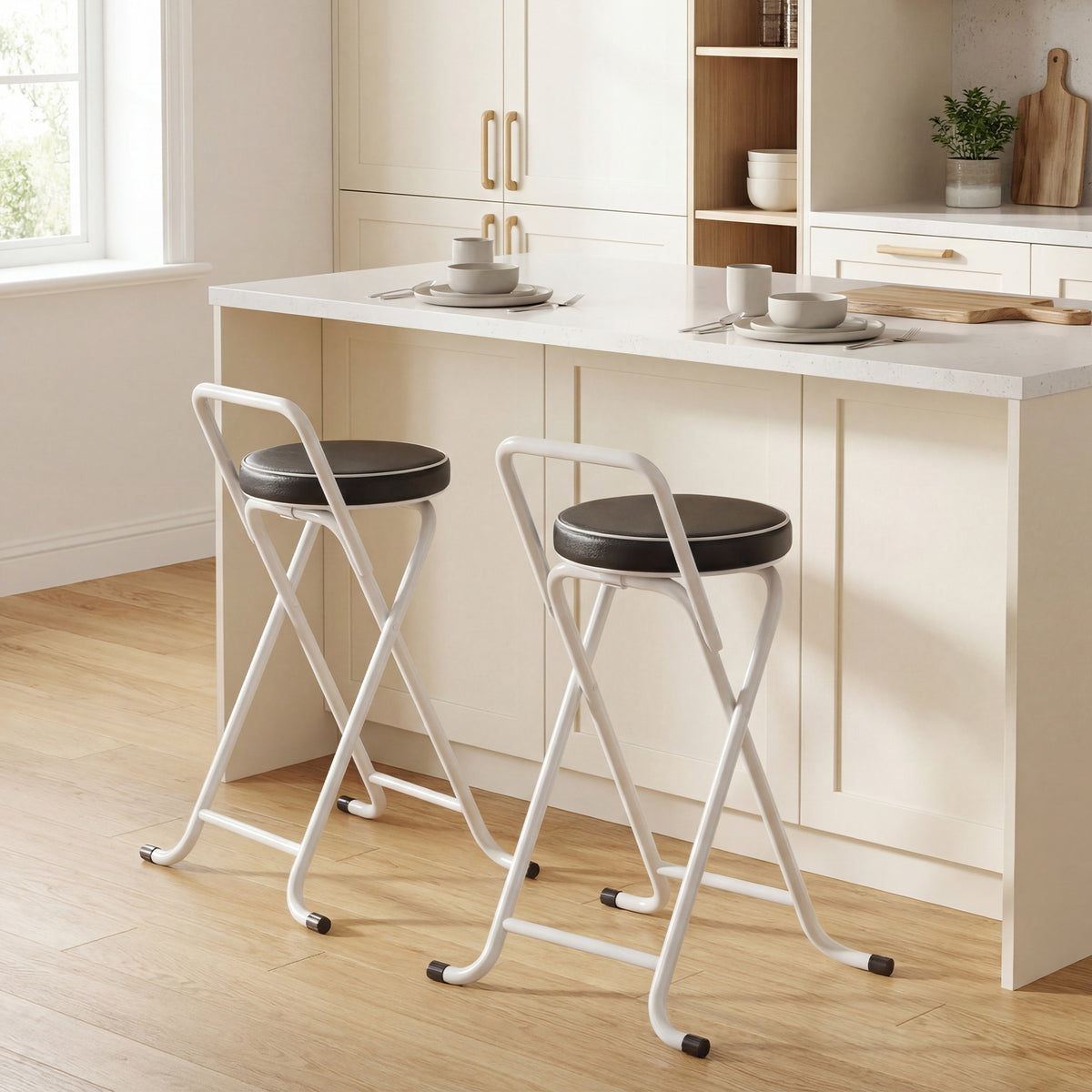 Foldable Bar Stools with Cushioned Seat and Footrest, Set of 2, Black