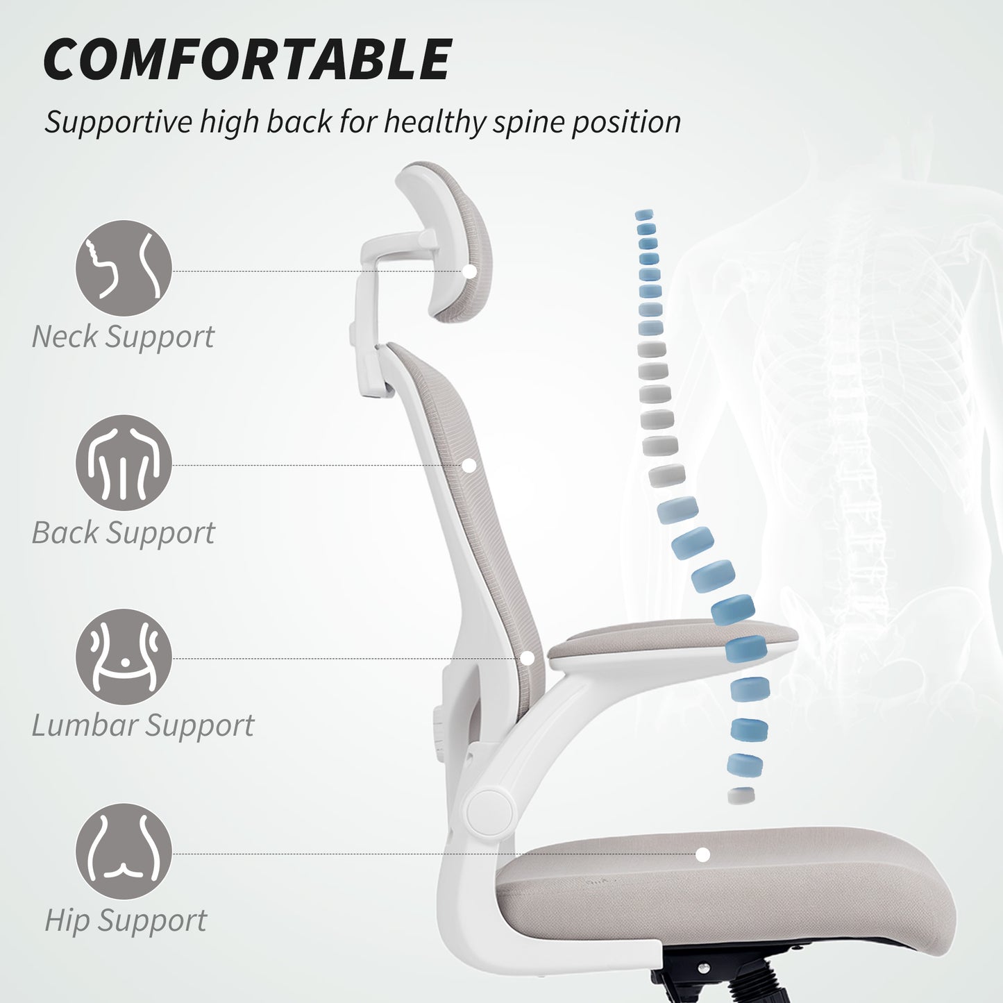 HOMCOM Ergonomic Mesh Office Chair, Adjustable Headrest, Lumbar, Flip-Up Arms