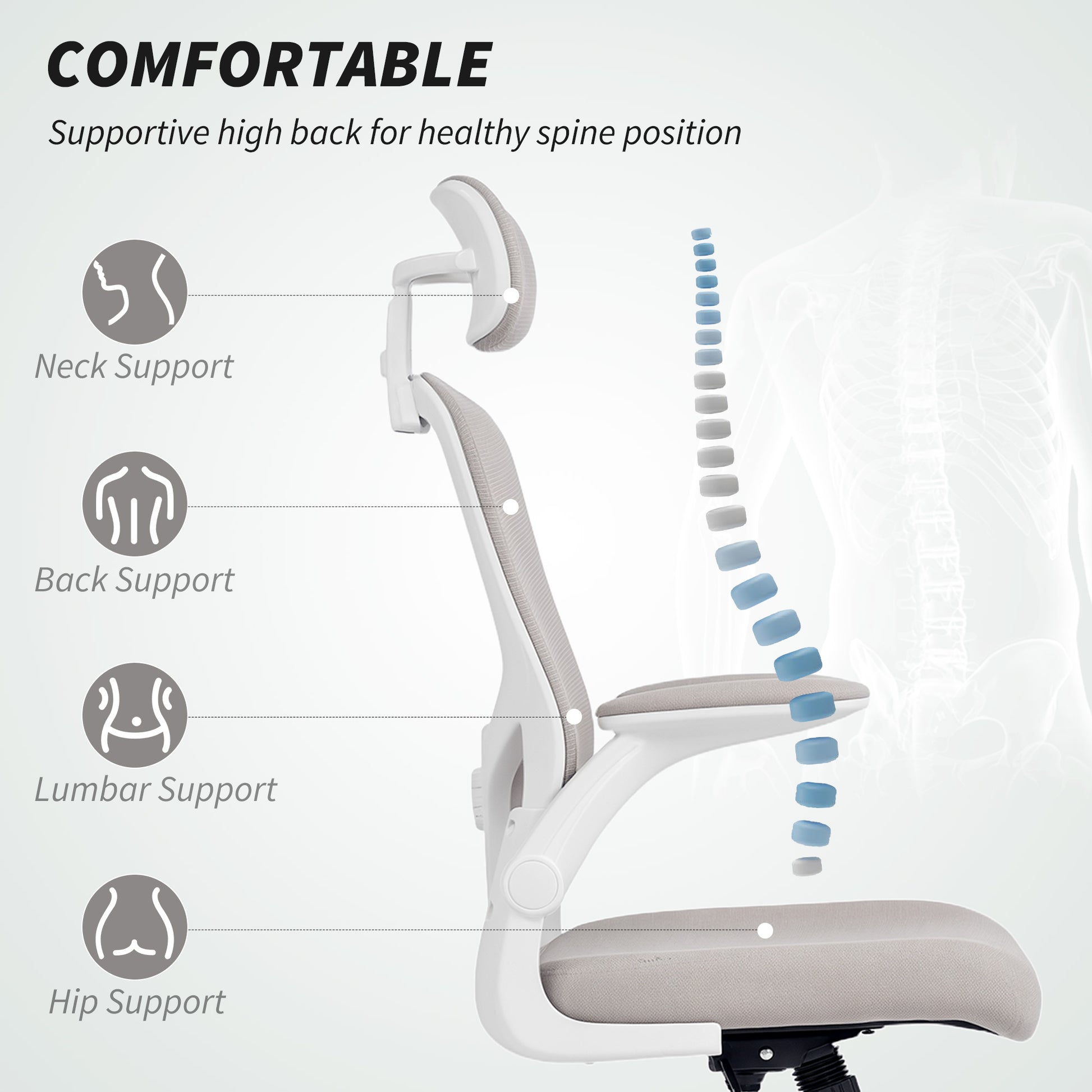 HOMCOM Ergonomic Mesh Office Chair, Adjustable Headrest, Lumbar, Flip-Up Arms