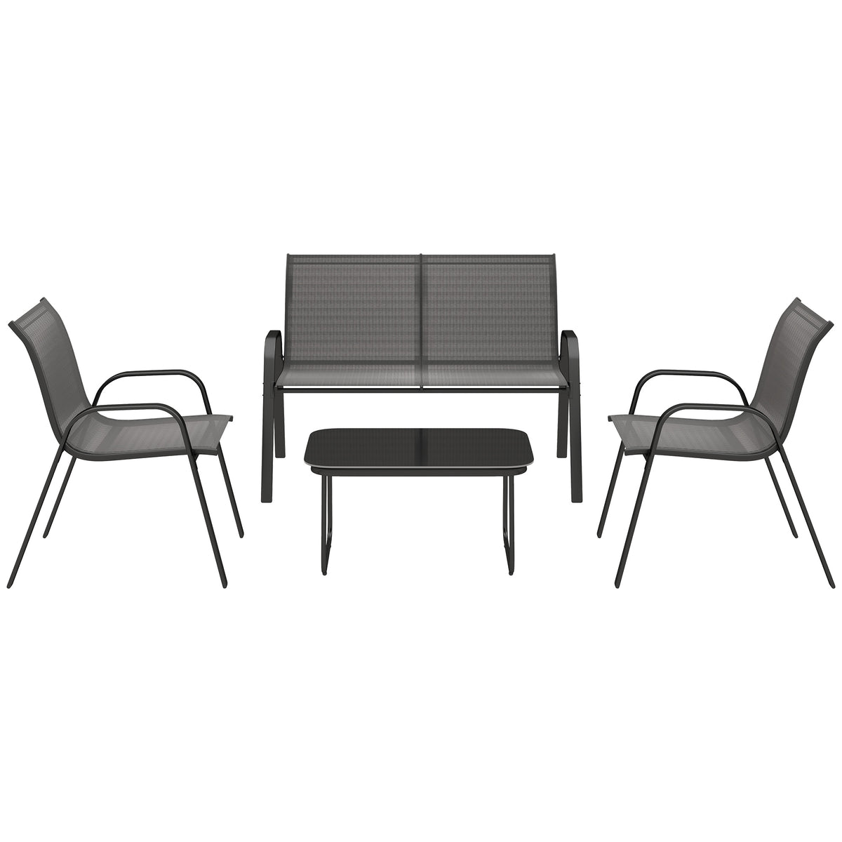 4 Pieces Outdoor Furniture Set with 2 Stackable Chairs, Loveseat, Patio Conversation Set with Glass Coffee Table