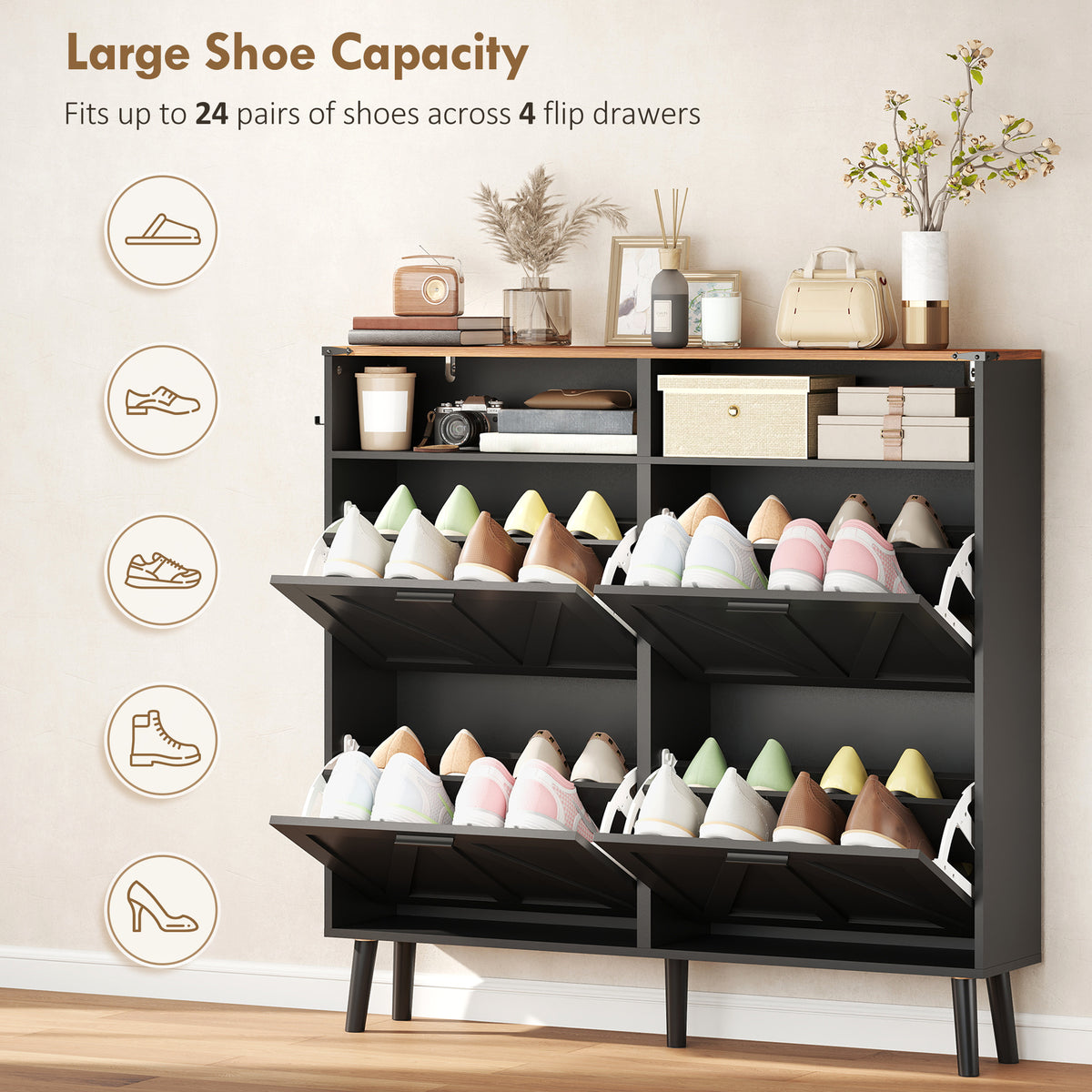 Shoe Storage Cabinet with 4 Flip Drawers – 47"W x 45"H