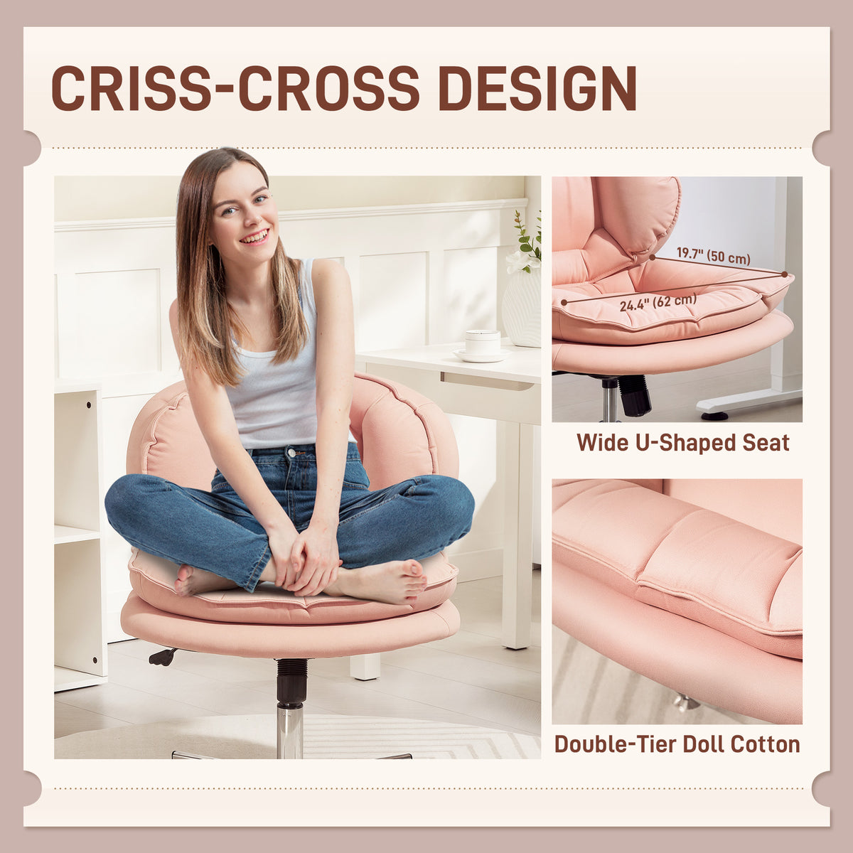 Criss Cross Chair, Armless Wide Office Chair with Leathaire Upholstery, Tilting, Pink
