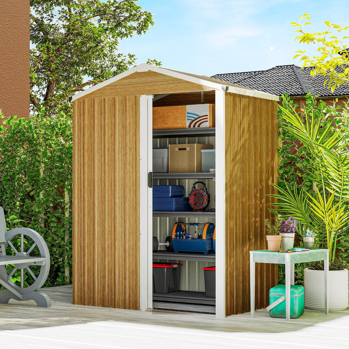 4.5 x 3ft Outdoor Storage Shed, Waterproof Metal Garden Shed with Lockable Door for Backyard, Patio, Lawn – Wood Grain