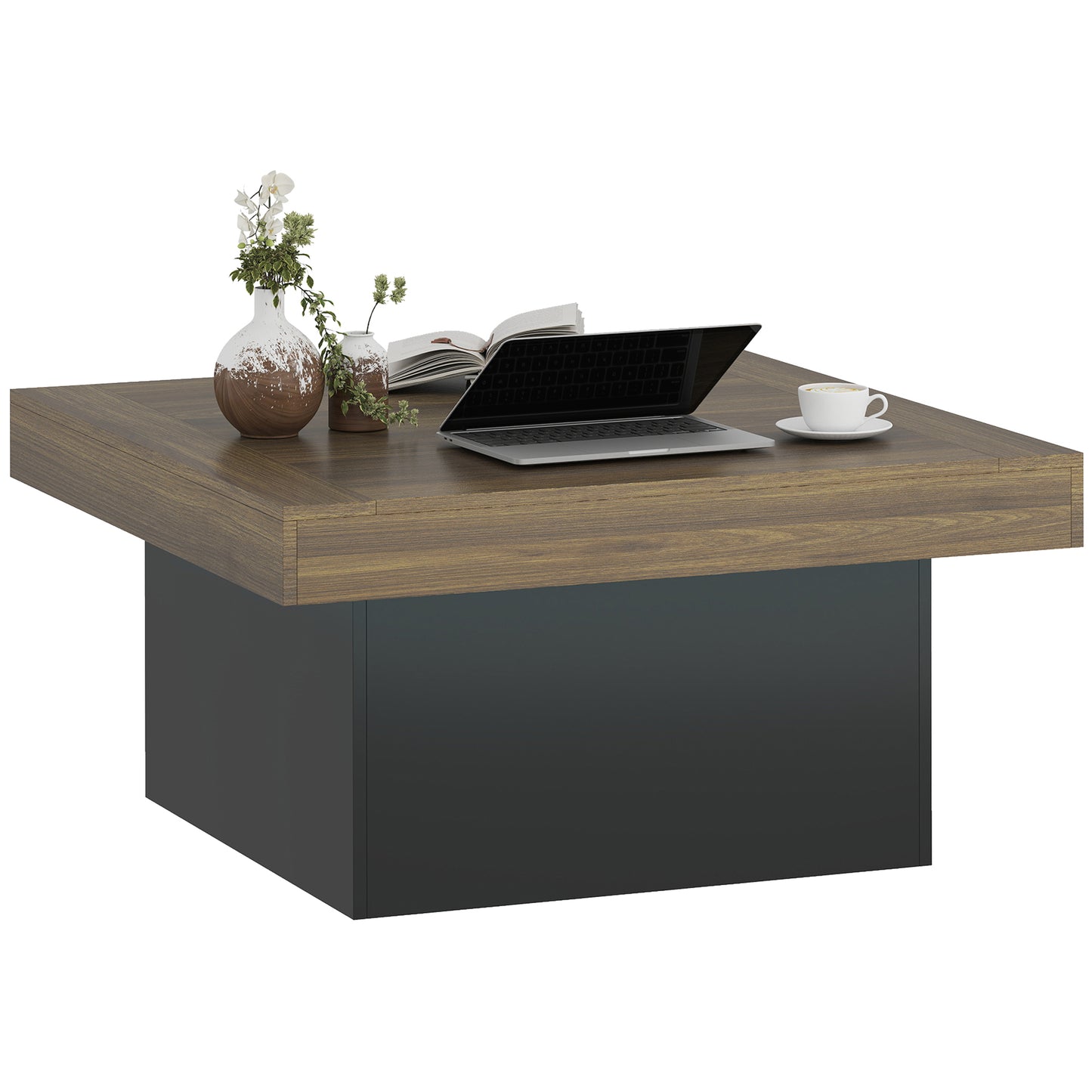 HOMCOM Modern Square Coffee Table with RGB LED Lights, Walnut Finish