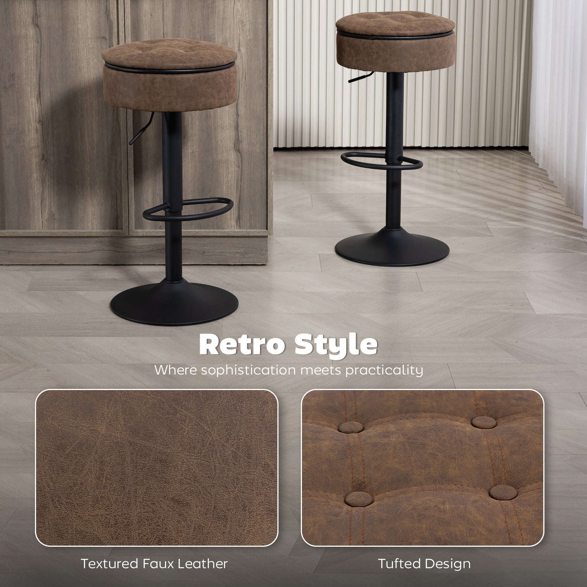 HOMCOM Set of 2 Barstools Swivel Storage Brown