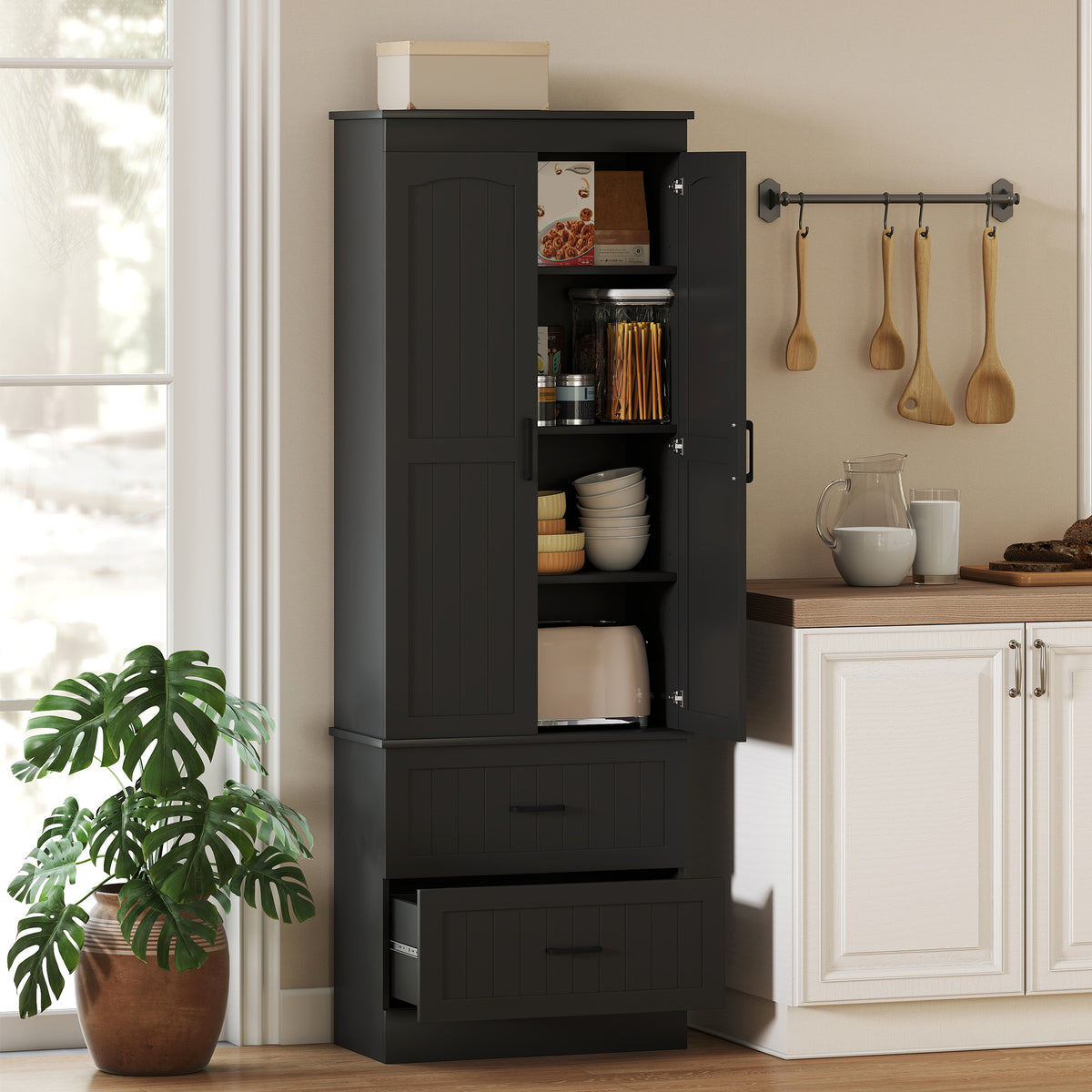 Kitchen Storage Cabinet with Adjustable Shelves and 2 Drawers – 24"W x 67"H