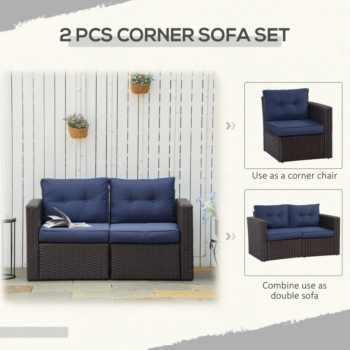 2 Pieces Patio Furniture Set Outdoor Loveseat Wicker Corner Sofa Set Outdoor Freely Combination PE Rattan Furniture, W/ Curved Armrests & Padded Cushion for Balcony, Garden, Lawn