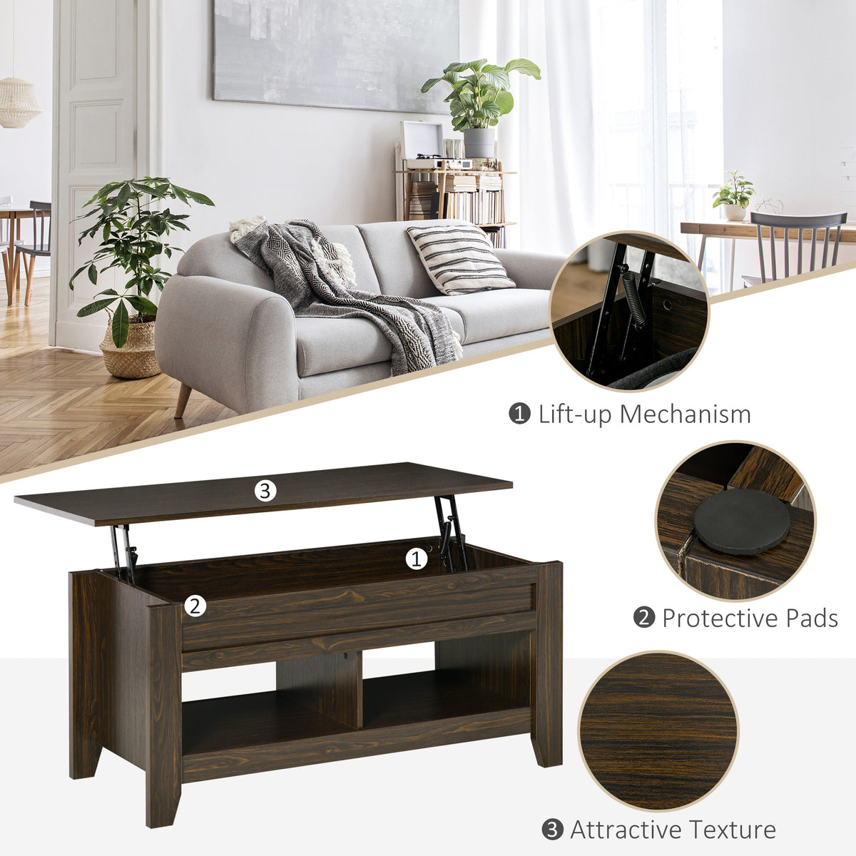 Lift-Top Coffee Table with Hidden Storage and Open Shelves