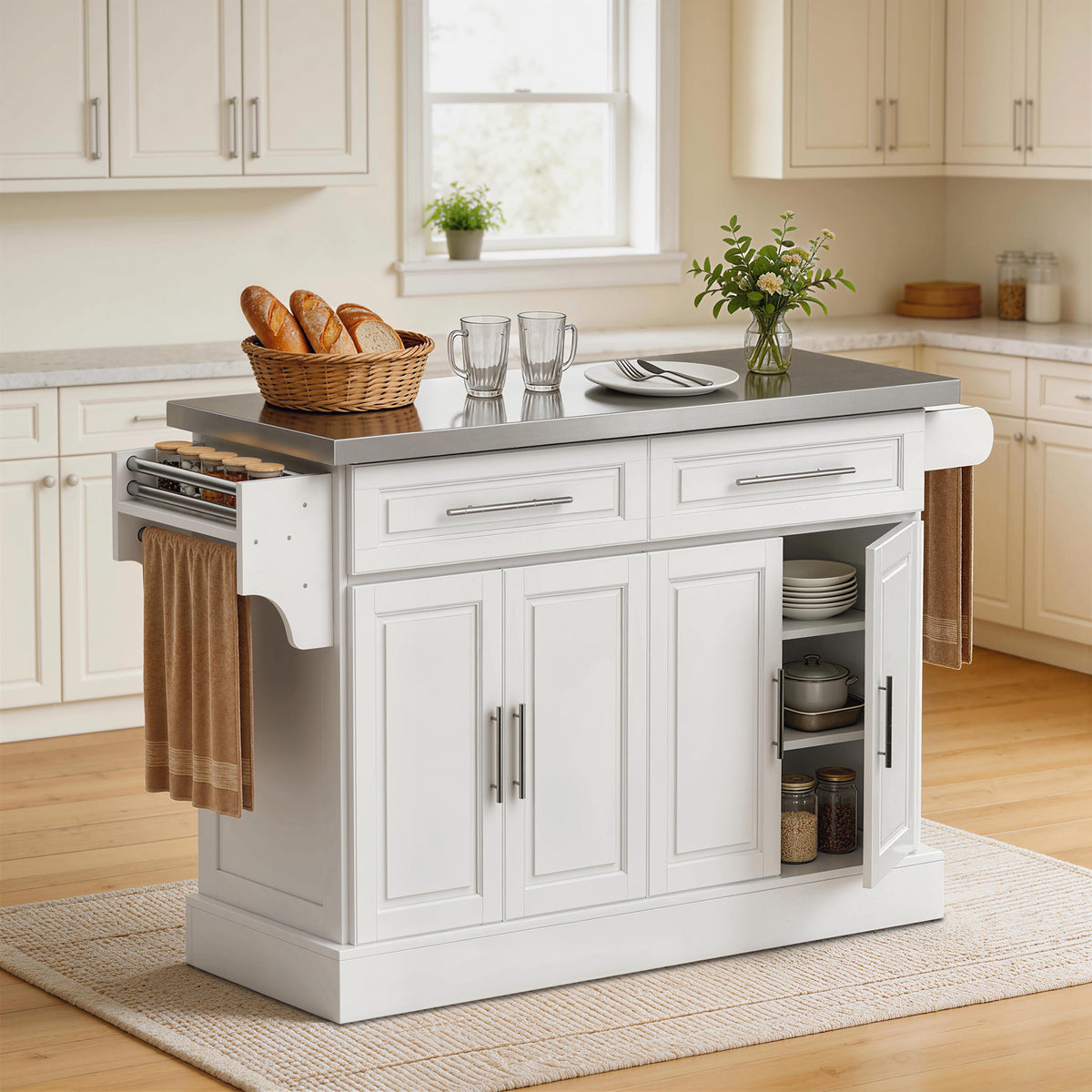 Kitchen Island with Stainless Steel Top – 57"W x 36"H