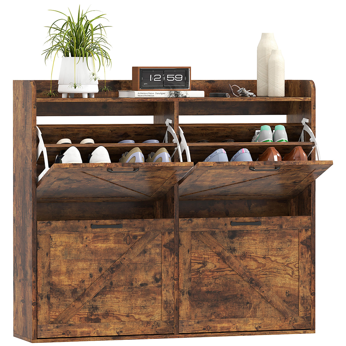 Narrow Shoe Storage Cabinet with 4 Flip Drawers – 41"W x 35"H