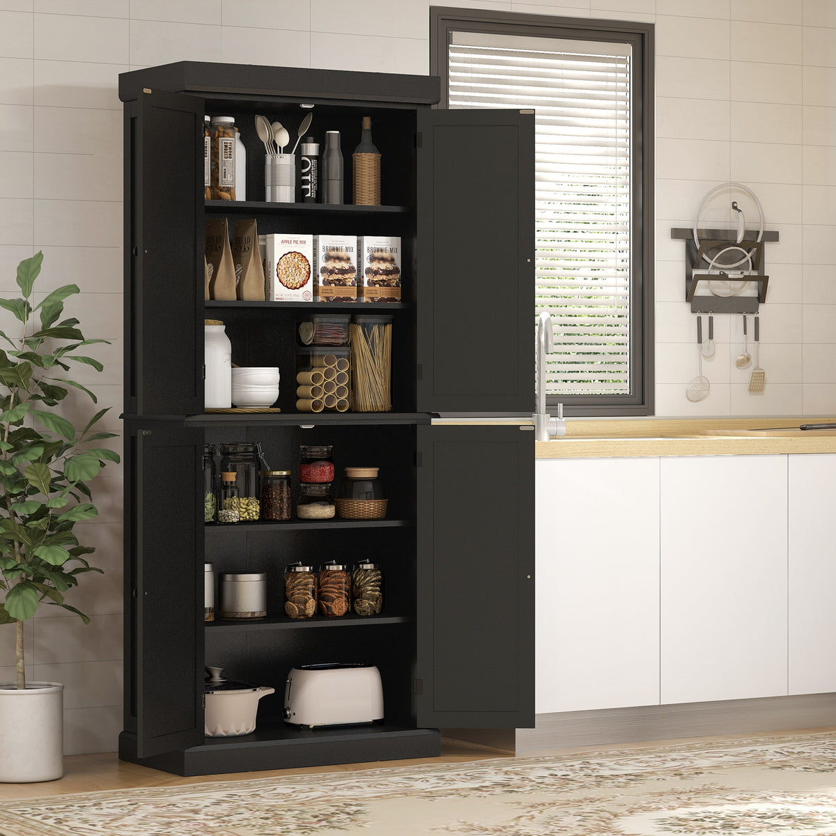 Freestanding Kitchen Pantry Cabinet with 4 Doors – 30"W x 73"H, Black