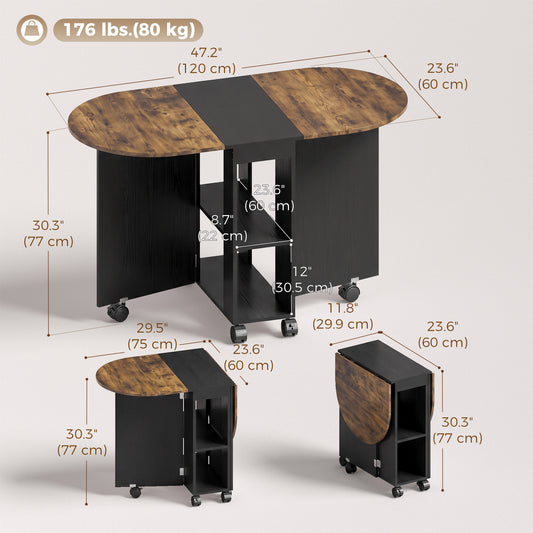 47" Folding Drop Leaf Dining Table with Wine Rack, Shelves and Wheels
