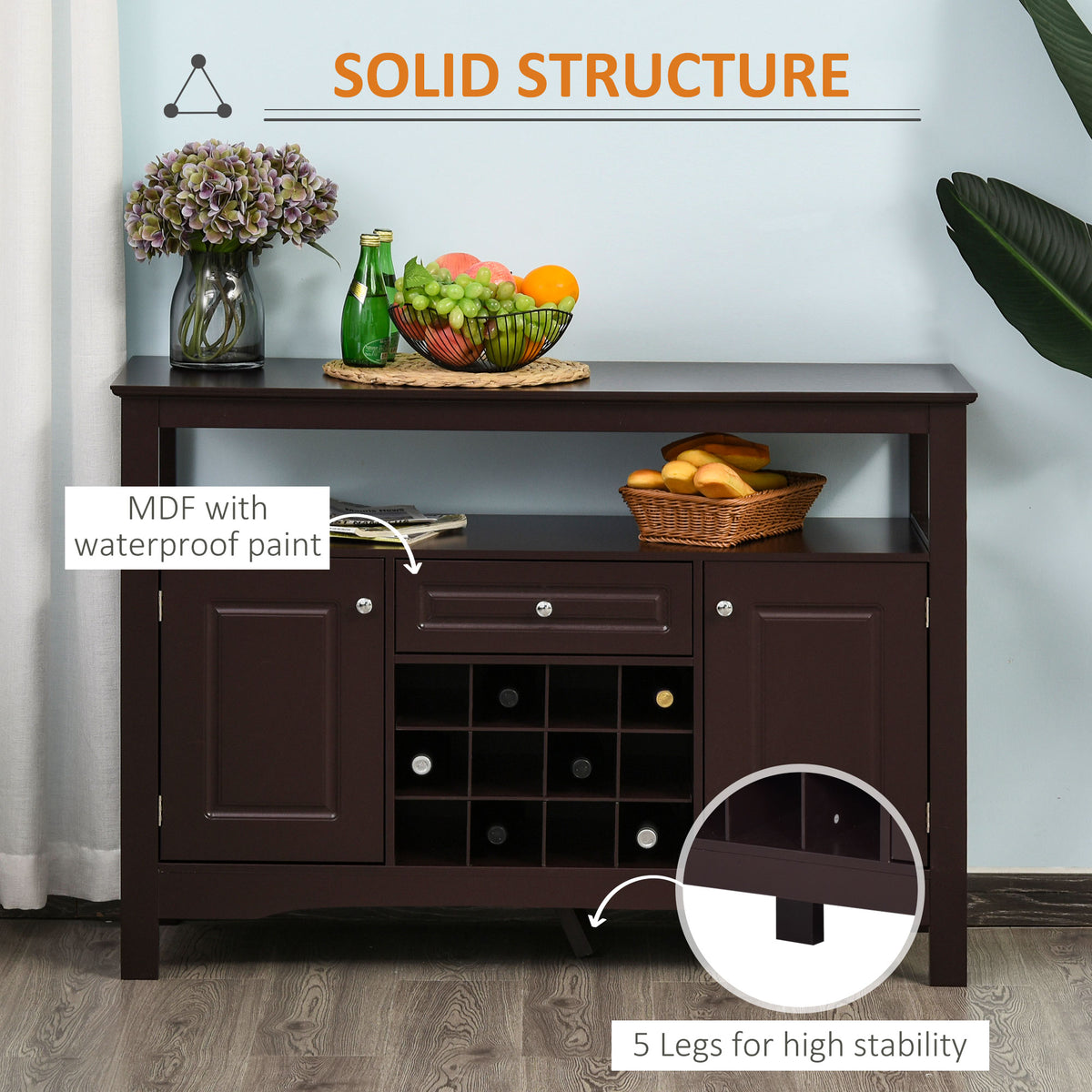 Buffet Bar Cabinet with Drawer and 12-Bottle Wine Rack – 46"W x 33"H