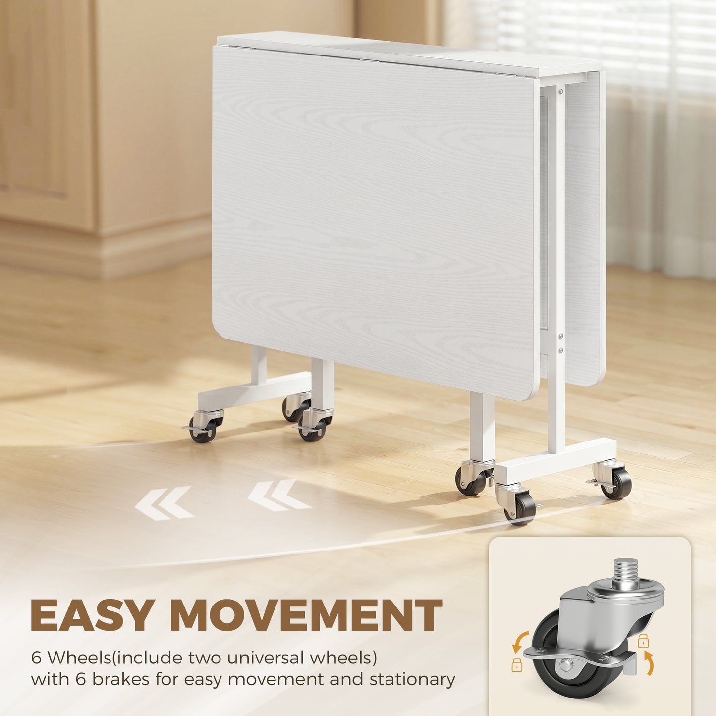 HOMCOM Six-Seater Drop-Leaf Dining Table with Wheels White