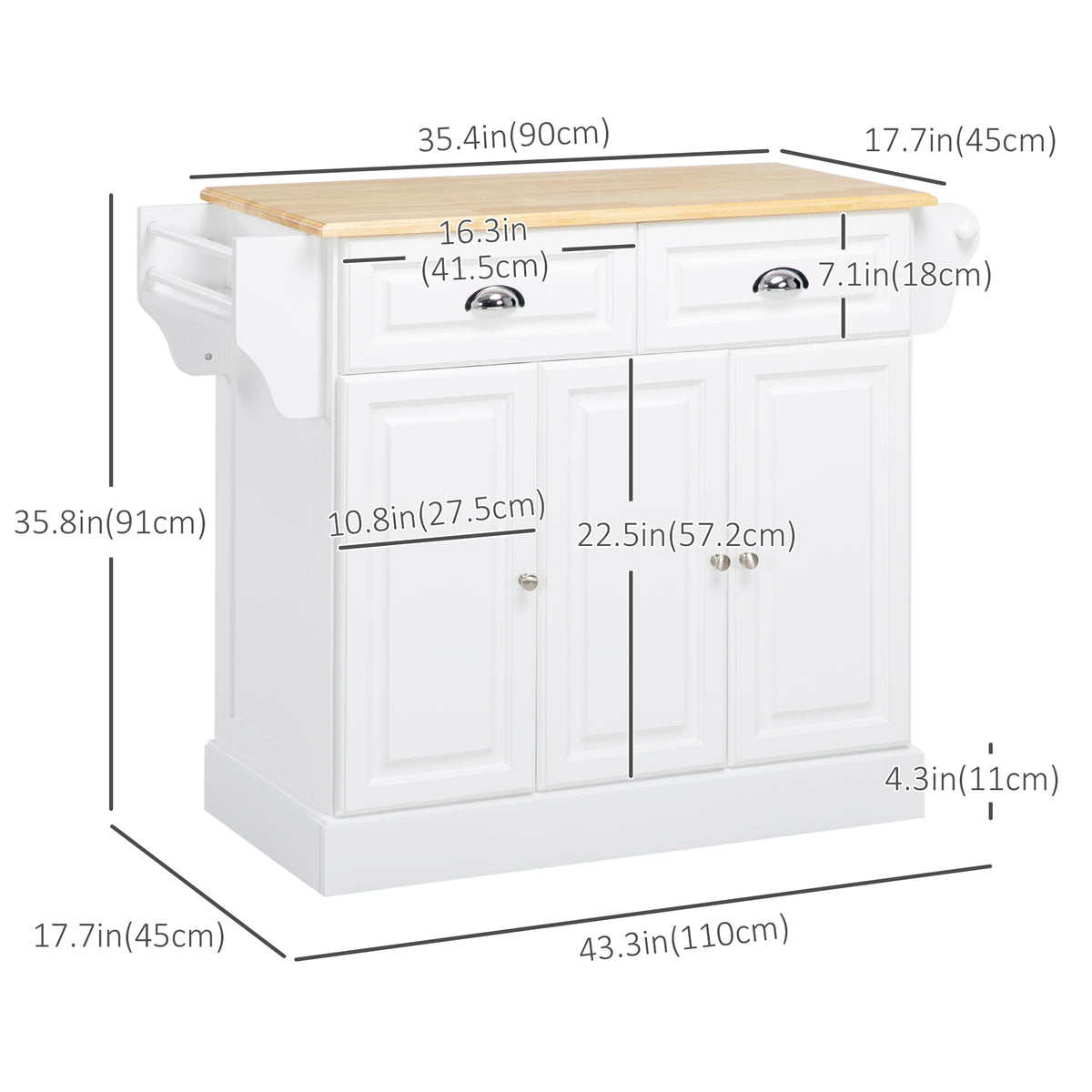 Rolling Kitchen Island with Rubberwood Top and Towel Rack – 43"W x 36"H