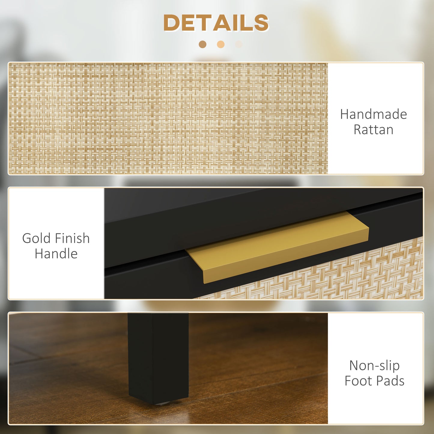 HOMCOM Modern Boho Black Nightstand with Rattan Drawer & Open Shelf