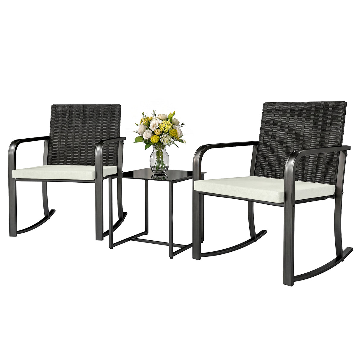 3 Pieces Rocking Bistro Set Outdoor Patio Furniture Set with Cushions, Glass Coffee Table for Balcony – Cream White