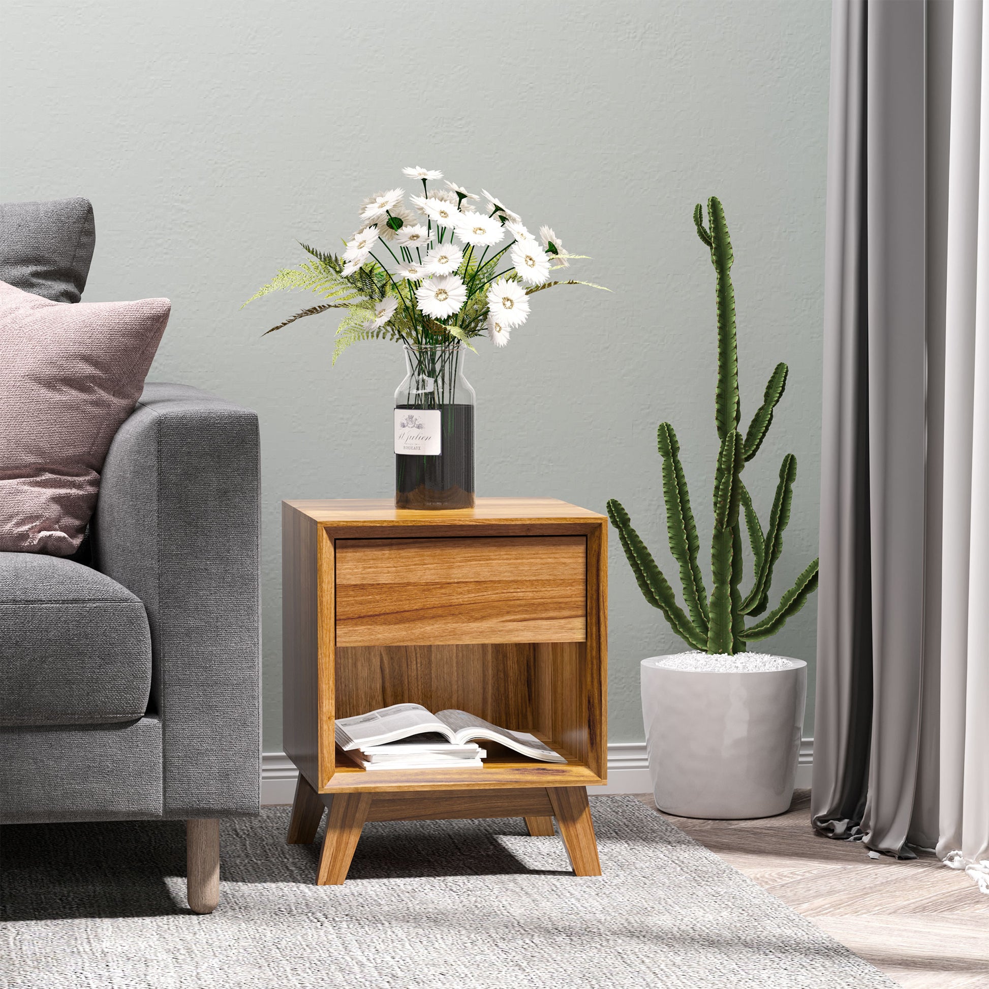 HOMCOM Modern Walnut Bedside Nightstand with Drawer and Open Storage Shelf