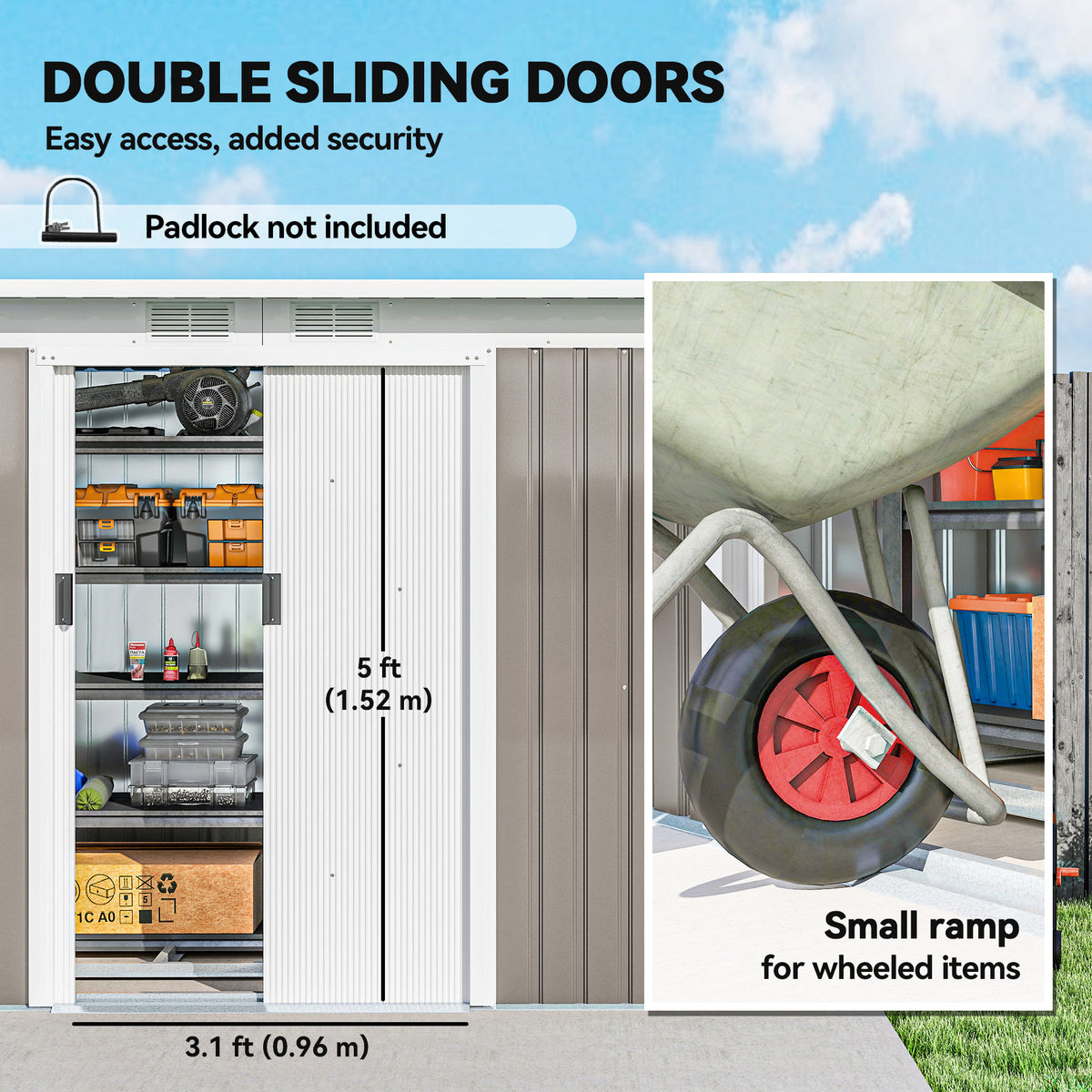 9' x 4' Garden Metal Storage Shed Outdoor Equipment Tool Box with Foundation Kit, Ventilation & Doors – Light Grey