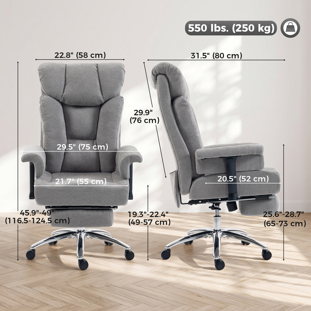 550lbs Big and Tall Office Chair, Heavy Duty Executive Desk Chair with Adjustable Padded Armrests, Grey