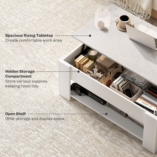 Modern White Lift Top Coffee Table with Hidden Storage and Open Shelf