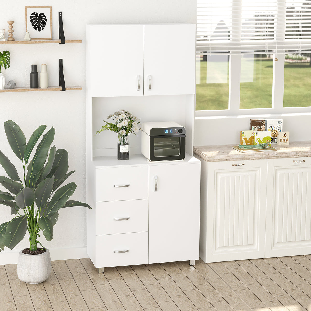 Kitchen Buffet with Hutch, 2 Cabinets and 3 Drawers – 32"W x 72"H