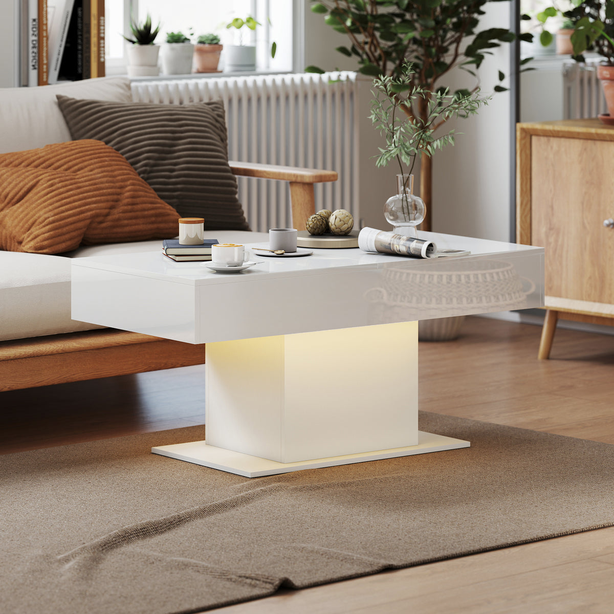 Extendable LED Coffee Table with Hidden Storage, High Gloss White
