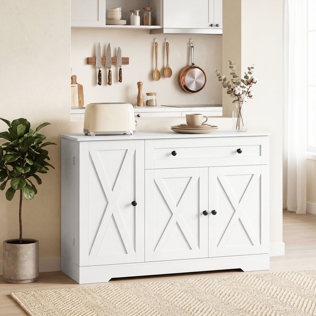 Farmhouse Sideboard with Barn Doors and Door Shelves – 47"W x 33"H