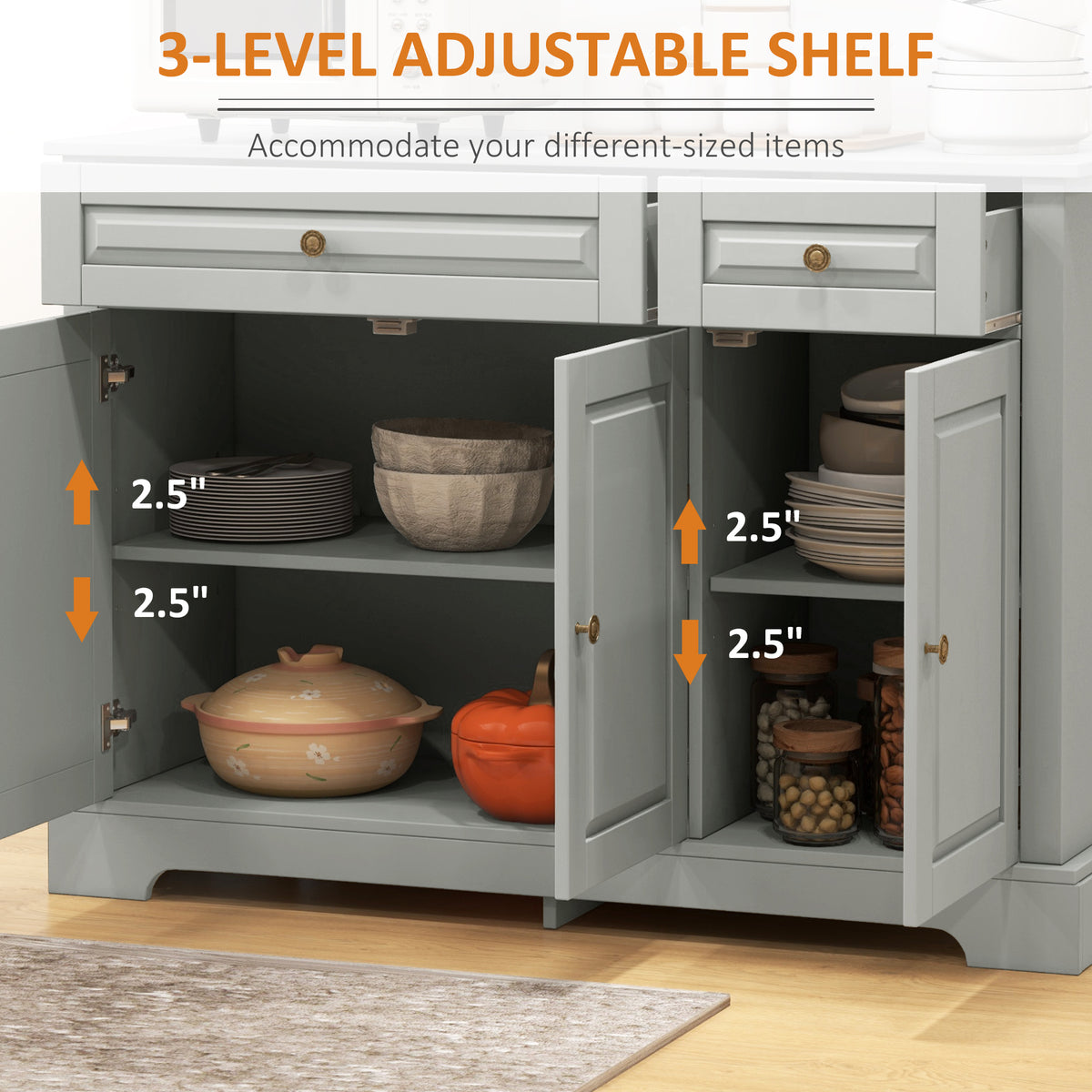 Buffet Cabinet with 2 Drawers and Adjustable Shelves – 45"W x 32"H
