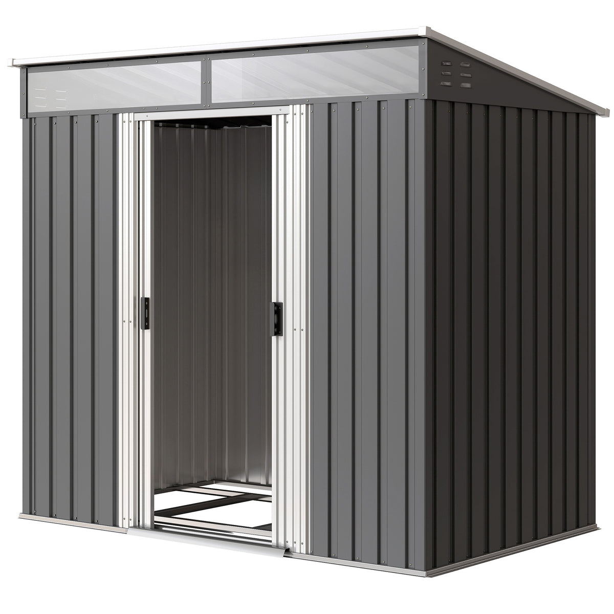 6.5 x 4 ft Garden Tool Shed, Galvanised Steel Outdoor Storage with Lockable Sliding Doors, Foundation Kit, Hooks & Vents – Grey