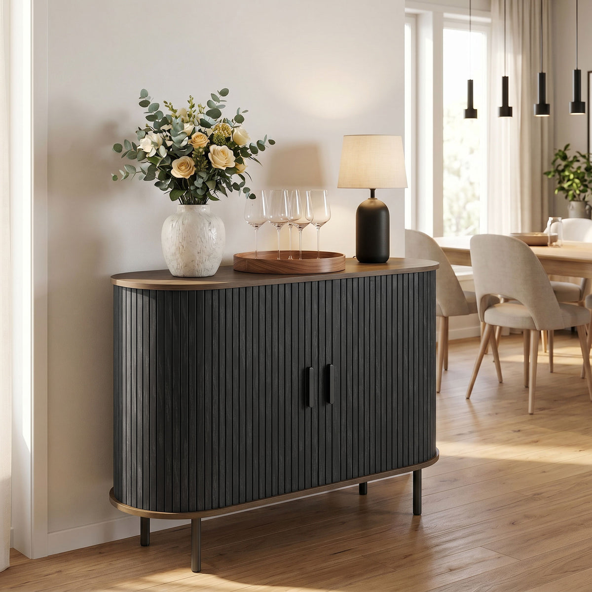 Sideboard Buffet Cabinet with Curved Tambour Doors and Storage – 39"W x 30"H