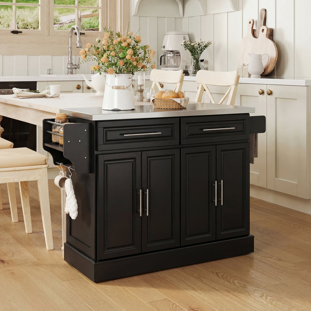 Rolling Kitchen Island with Stainless Steel Top – 57"W x 37"H