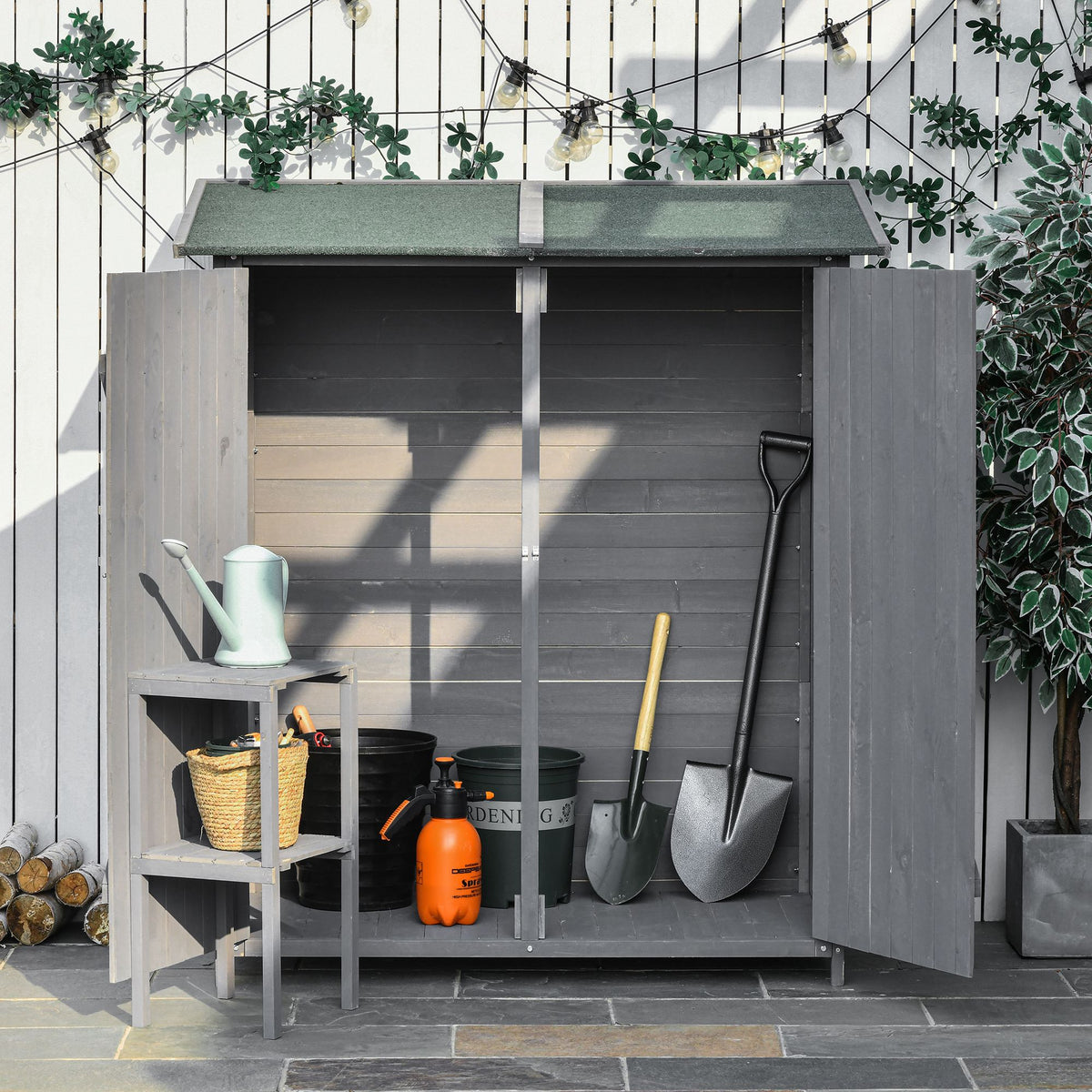 Garden Storage Shed Asphalt Roof Wooden Timber Double Door Utility Storage House with Shelf, Green and