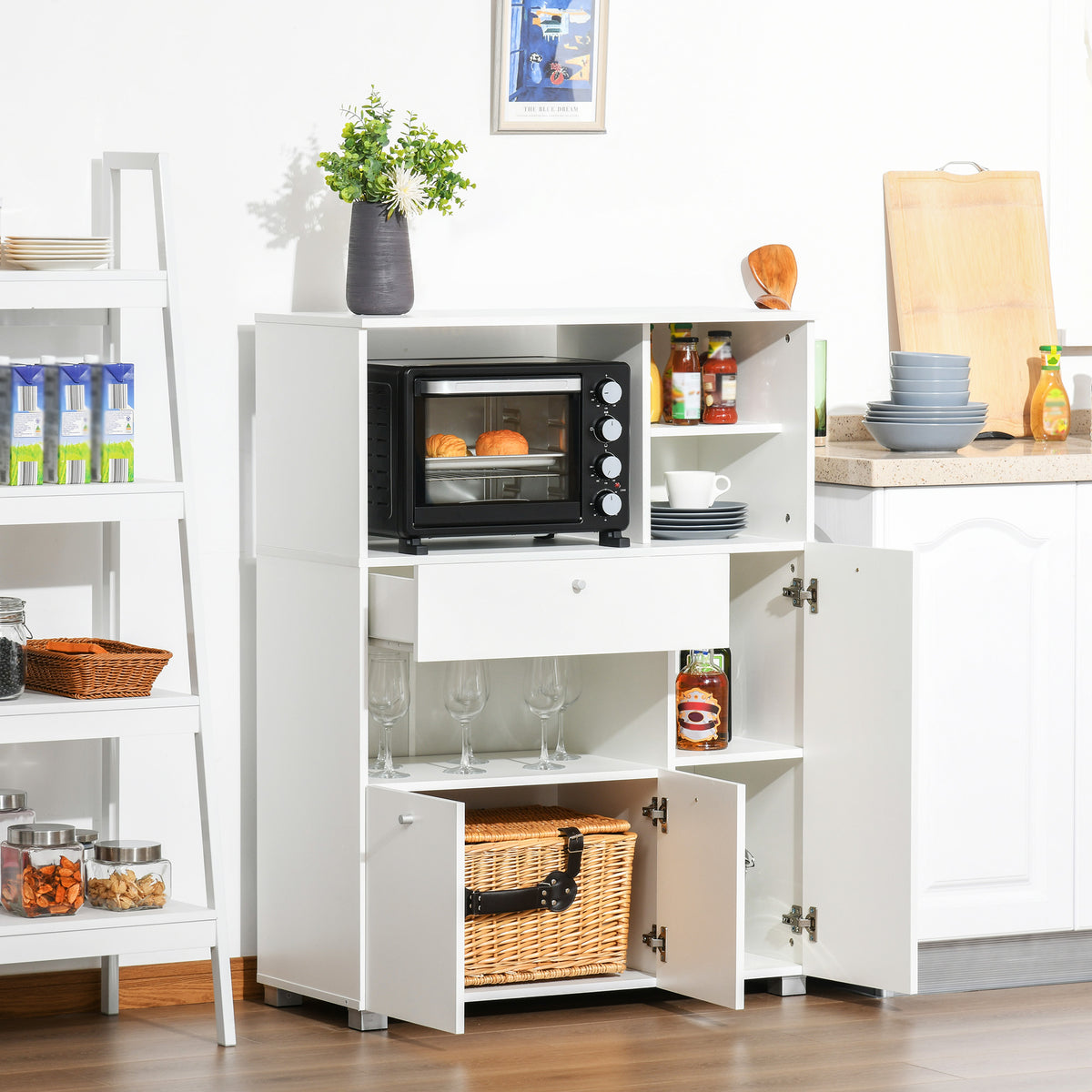 Compact Kitchen Hutch with Microwave Stand and Drawer – 36"W x 47"H