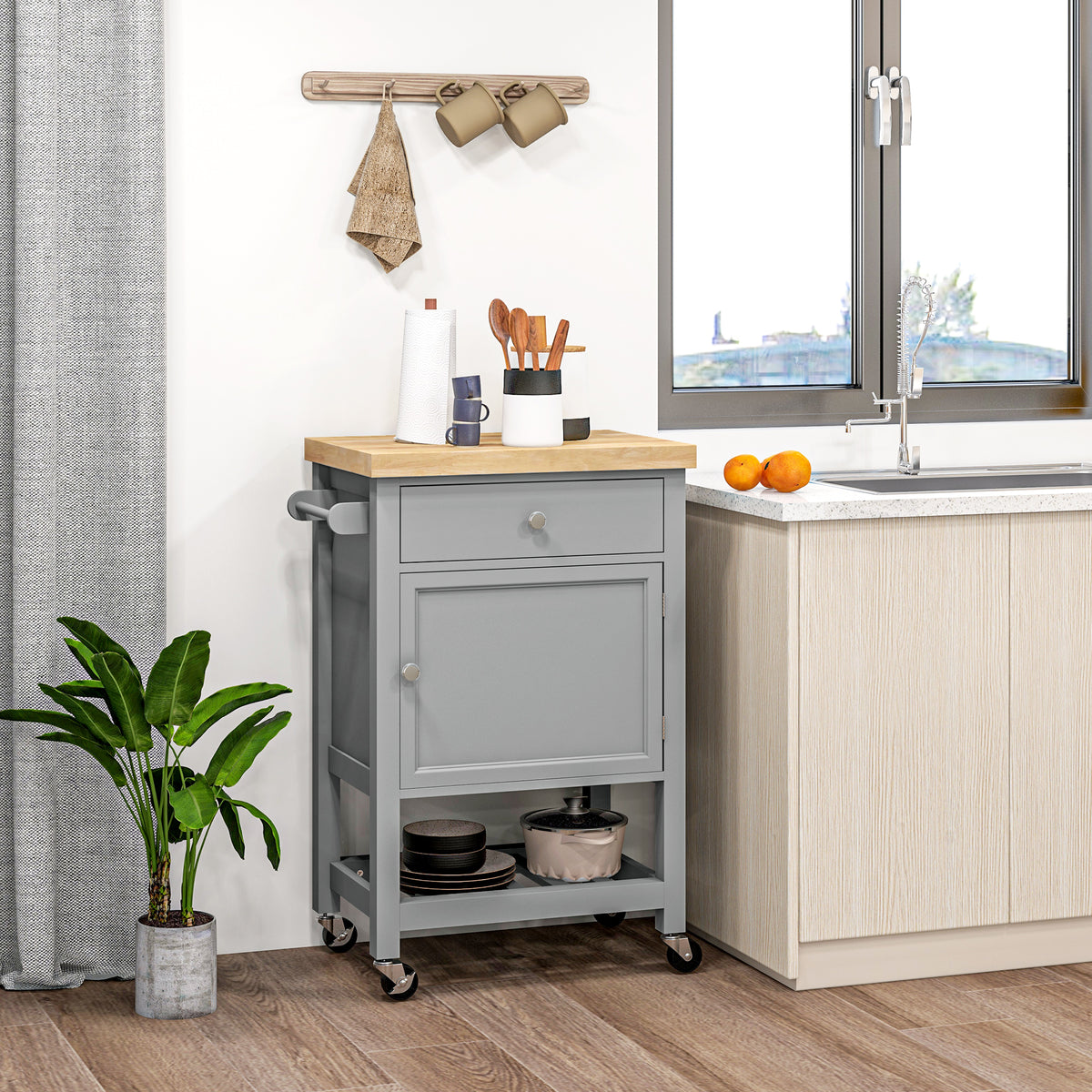 Rolling Kitchen Cart with Wood Top – 25"W x 35"H