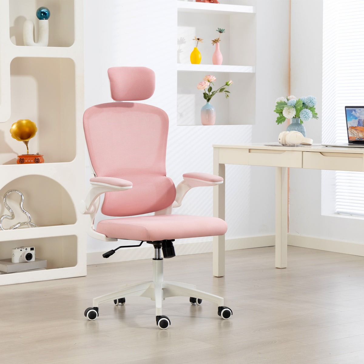 Ergonomic Mesh Office Chair, High Back Desk Chair with Rotatable Headrest, Pink