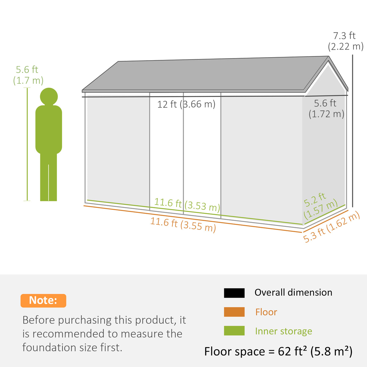 12' x 5.5' Metal Garden Storage Shed, Outdoor Tool Storage House with Lockable Door, Vents, Sloped Roof – Green