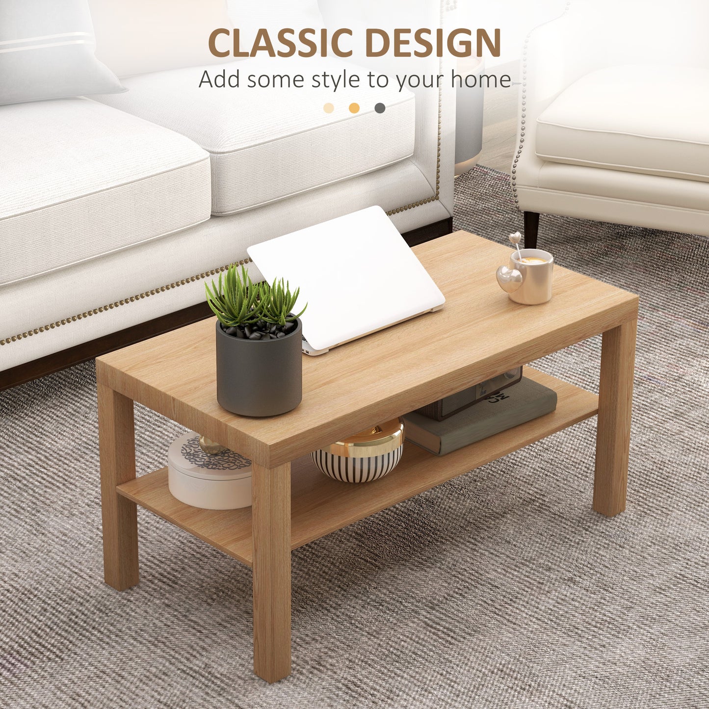 HOMCOM 2-Tier Rectangular Coffee Table with Storage Shelf, Natural Wood Finish