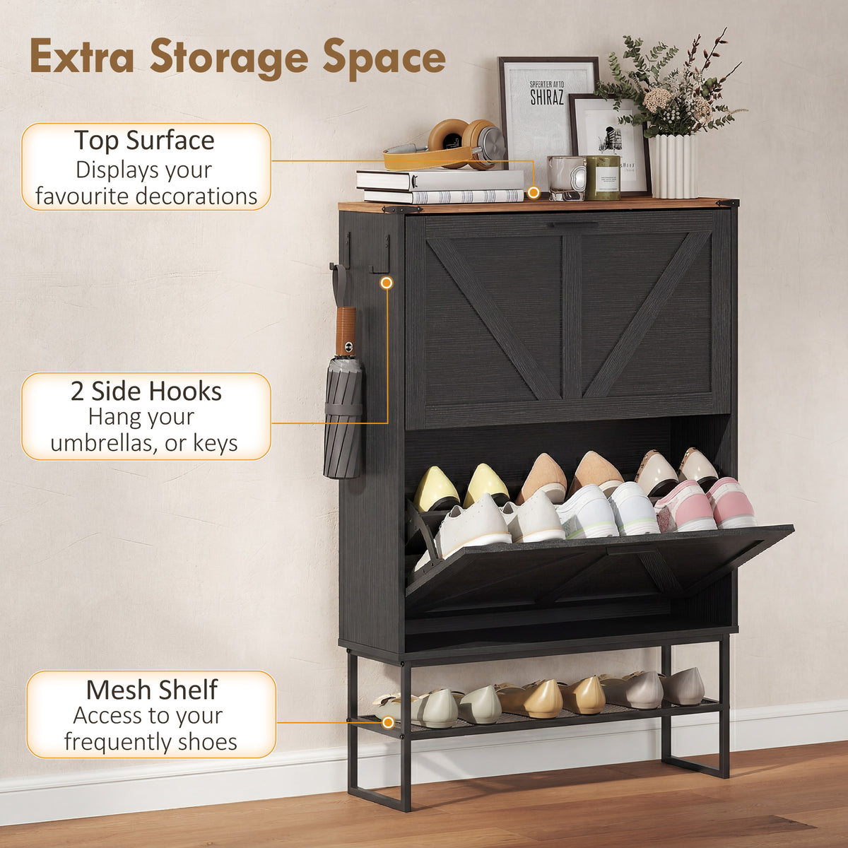 Narrow Shoe Storage Cabinet with 2 Flip Drawers – 31"W x 46"H